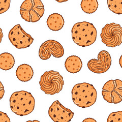 Vector backery and confectionery seamless pattern template. Hand drawn  cookies