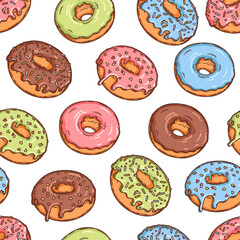 Vector backery and confectionery seamless pattern template. Hand drawn donut with icing and sprinkles