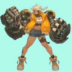 A cybernetic boxer girl with metal robotic arms in anime style