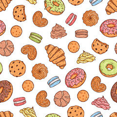 Vector backery and confectionery seamless pattern template. Hand drawn donuts, cupcakes, macarons, croissant cookies and other sweets