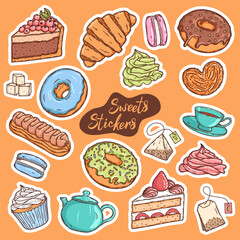 Pastry sweet vector stickers collection. Cupcake, macaron, cream topping, cookies and donut, fruit and chocolate  confectionery set