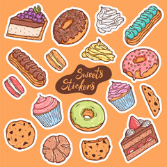 Pastry sweet vector stickers collection. Cupcake, macaron, cream topping, cookies and donut, fruit and chocolate  confectionery set