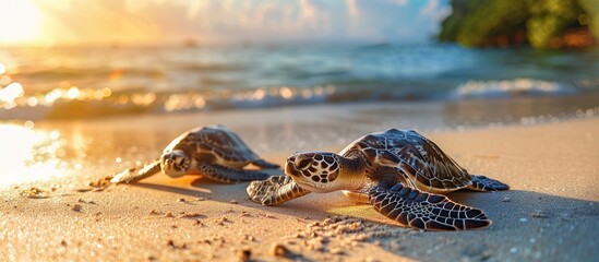Two baby sea turtles walking on beach at sunset