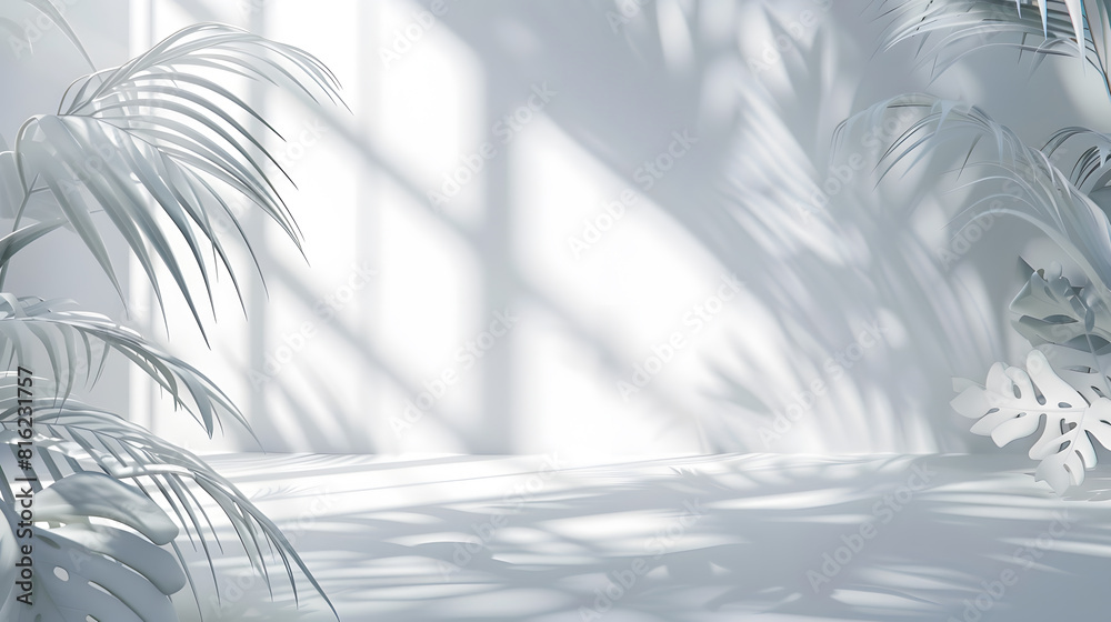 Leinwandbilder Abstract white studio background for product presentation Empty room with shadows of window and flowers and palm leaves  3d room with copy space Summer concert Blurred backdrop : Generative AI