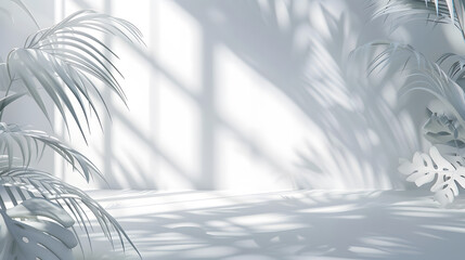 Abstract white studio background for product presentation Empty room with shadows of window and flowers and palm leaves  3d room with copy space Summer concert Blurred backdrop : Generative AI