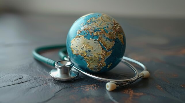 World health day ,Stethoscope wrapped around globe on pastel blue background. Save the wold, Global health care and Green Earth day concept