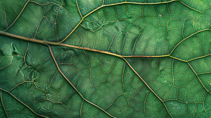Texture of a leaf, intricate network of veins, vivid green color.