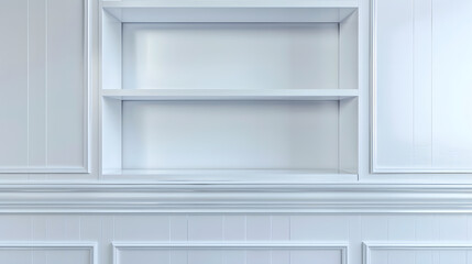 Open wall cabinet with empty shelves for product display clean white cabinet cover white melamine board or wainscoting cover white melamine in kitchen : Generative AI