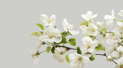 Fototapeta premium White apple tree blossoms against a gray background, symbolizing spring.