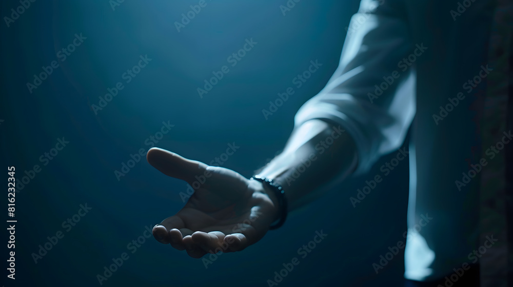 Poster The man is standing and shows an outstretched hand with an open palm Businessman showing empty hand and presenting with hand empty copy space Open hand Holding giving showing presentin : Generative AI