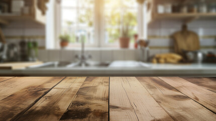 Tampo de mesa de madeira natural grunge com espaço de cópia para publicidade de produtos sobre fundo interior de cozinha desfocado em casa