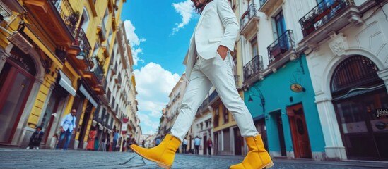 Obraz premium white suit and yellow boots walking down street