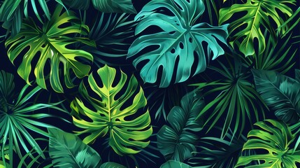 Fototapeta premium Seamless vector floral pattern of tropical and jungle palm leaves.
