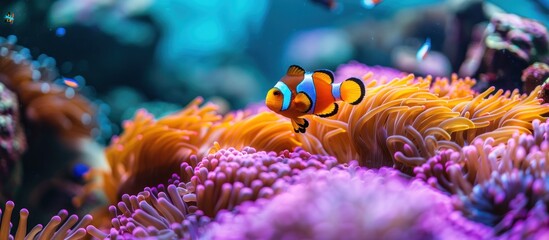 Clown fish swimming among colorful anemones