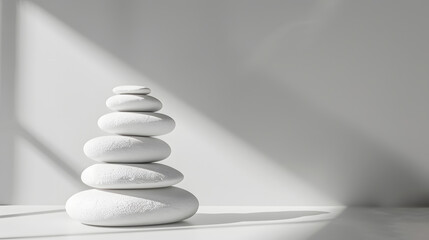 Obraz premium Stack white stones platform podium on gray light copy space background Minimal empty display product presentation scene : Generative AI