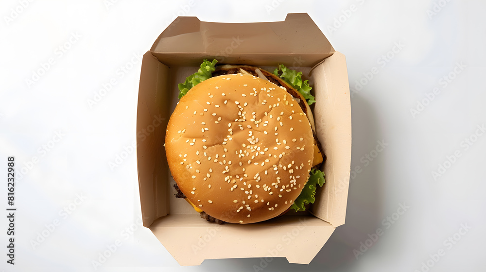 Poster Open empty brown paper burger box isolated on white : Generative AI