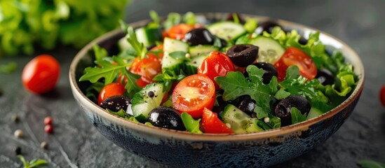 Fresh salad bowl with tomatoes, cucumbers, and olives