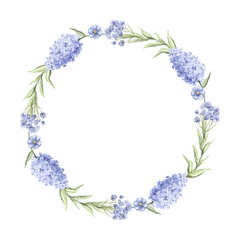 Round oval composition frame with green twigs and purple lilac branches with flowers vegetation composition isolated on white background. Watercolor hand drawn illustration sketch