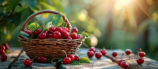A basket filled with fresh cherries and green leaves resting on a wooden table. - Powered by Adobe