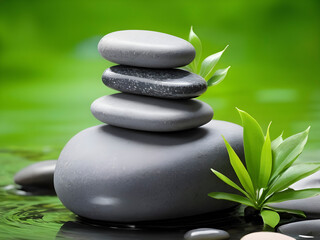 Obraz premium Green Leaves Grace Grey Zen Stones by Water.