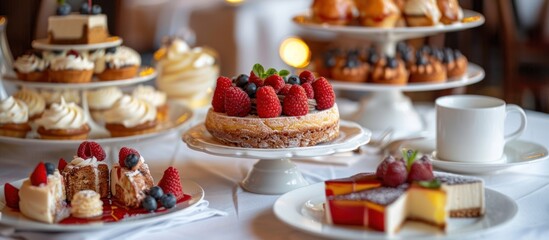 Assorted cakes and pastries spread on table
