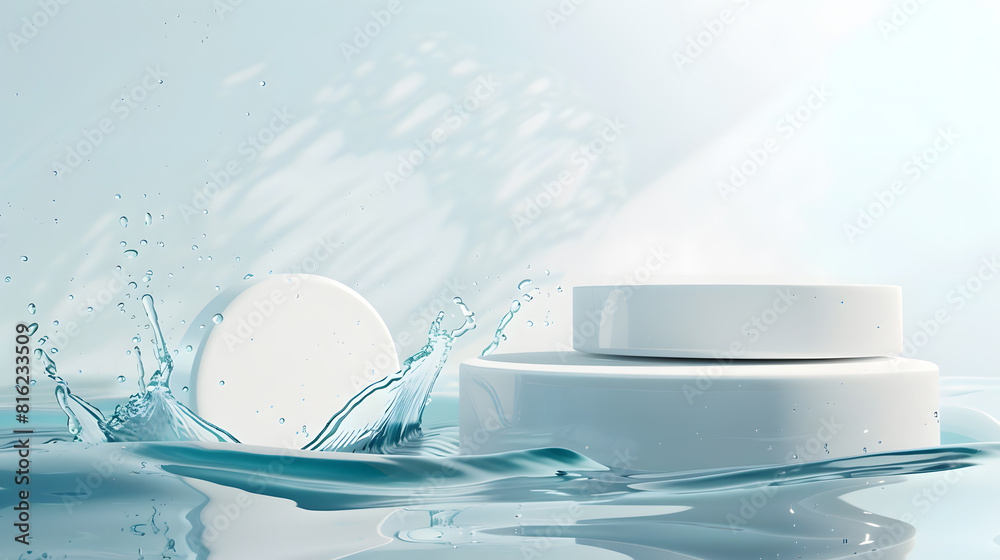 Leinwandbilder two empty clear white circle podiums on transparent calm water texture with splashes and waves in su