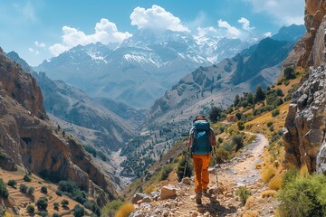 Obraz premium Man Hiking Up Mountain Trail in the Atlas Mountains