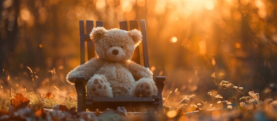 Teddy bear sitting on rocking chair in woods - Powered by Adobe
