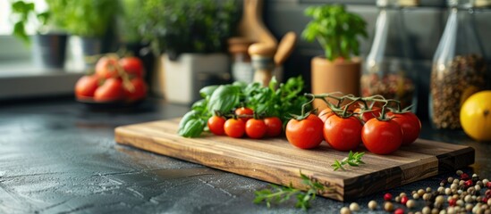 Fresh tomatoes, herbs, and spices on wooden cutting board