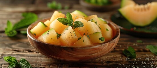 Bowl of sliced melon with mint leaves