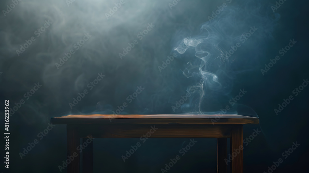 Aufkleber empty wooden table with smoke float up on dark background : Generative AI