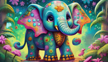 Fototapeta premium oil painting style cartoon character Multicolored cartoon character Elephant with tusks standing on top of white., 