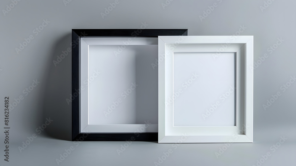 Poster Black wood frame and white picture frame isolated on gray background Object with clipping path : Generative AI