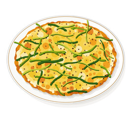 Pajeon pancake illustration vector. Korean vegetable pancake recipe. (Pajeon) Pajeon green onion pancake menu.  Korean street food crispy pajeon recipe. Korean pancake mix. 