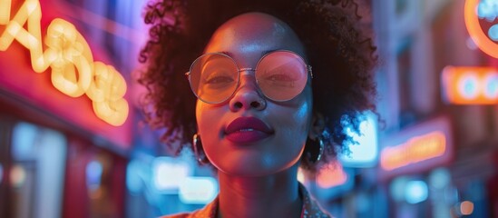 Stylish woman with afro hair in neon lit city