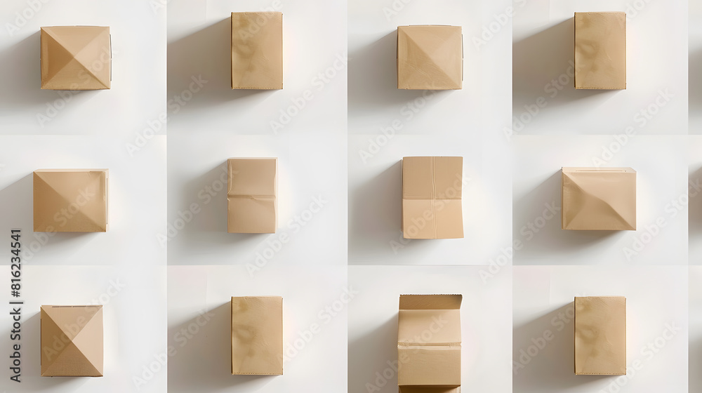 Poster collection of various of  a cardboard box on white background each one is shot separately : Generative AI