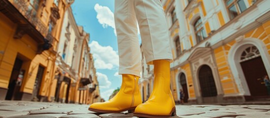 Woman walking in yellow boots on cobblestone street