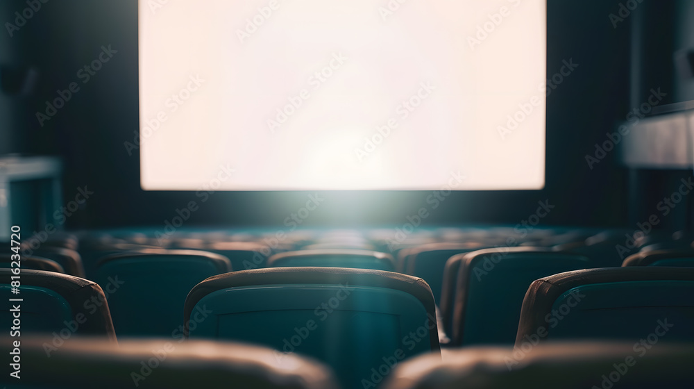 Fototapete empty cinema auditorium with empty white screen empty rows of theater or movie seats : generative ai
