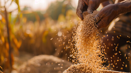 A farmer's hands pouring grain from one container to another, with the background showing an open field of crops under bright sunlight - Powered by Adobe