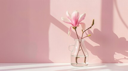 Beautiful pink magnolia flower in transparent glass vase standing on white table, sunlight on...