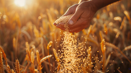 A farmer's hands pouring grain from one container to another, with the background showing an open field of crops under bright sunlight