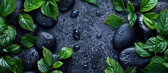 Black stones covered with green leaves and water droplets. - Powered by Adobe