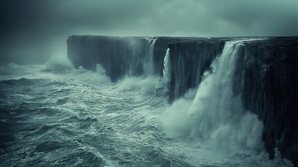 Naklejka premium A rugged coastline battered by crashing waves, with towering cliffs jutting dramatically into the turbulent sea below