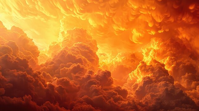 Detailed Close-Up of Mammatus Clouds at Sunset with Vibrant Orange and Red Fiery Background