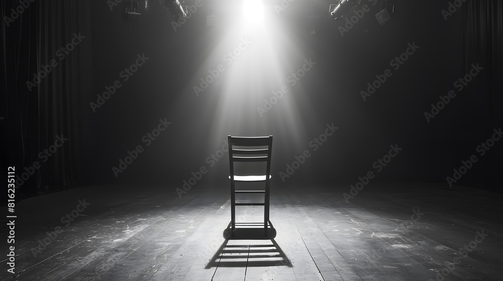 Aufkleber A wooden chair standing in the middle of an empty stage under the light of soffits in black and white : Generative AI