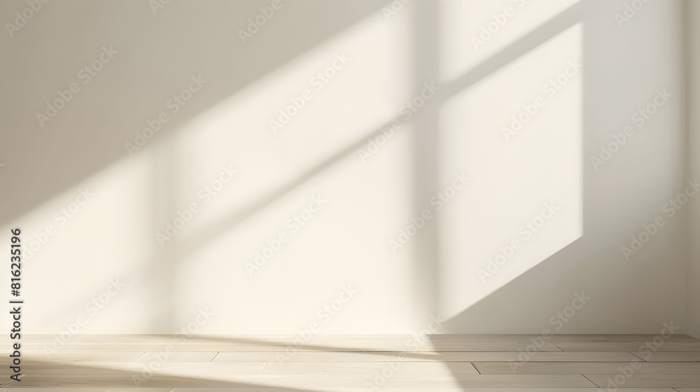 Aufkleber aesthetic geometric sunlight shadows on white textured wall and beige wooden floor empty template fo