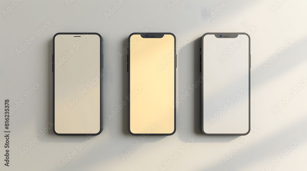 Poster flat rays collection of smartphone mockup blank screen isolated with clipping path on white background : Generative AI