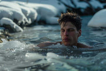 Young man braves the cold as he takes an ice bath surrounded by nature, showcasing wellness and extreme cold exposure
