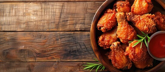 delicious crispy fried chicken wings served in a bowl on a rustic wooden table.