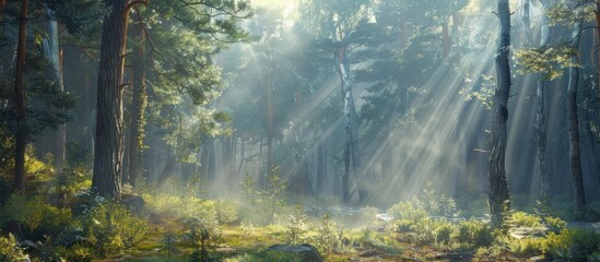 Majestic forest with sun rays